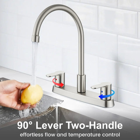 Top Shelf 8 Inch Centerset Kitchen Faucet With Dual Handles And High Arc 360 Swivel Spout In Sleek Brushed Nickel with water flow.