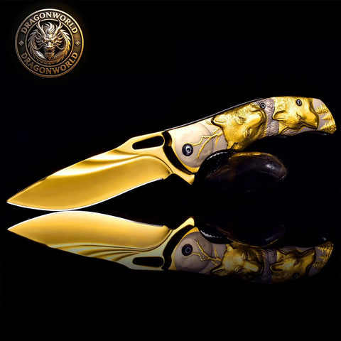 Titanium Plated Wolf 3D Relief Handle Folding Pocket Knife with Dope 440 Steel Blade, gold finish, on black background