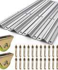Built Tough 24 Foot Sliding Gate V Track Kit Featuring Four 6 Foot Galvanized Steel Sections with rollers and bolts.
