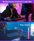 Lit RGB LED Smart Light Bars For TV And PC Backlighting shown during live streaming and gaming setups, 2 Pack