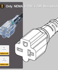 Diagrams and plug of 10-Foot NEMA 6-20P Extension Cord 20A 250V 12 AWG Heavy Duty with receptacle design details.