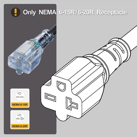 Diagrams and plug of 10-Foot NEMA 6-20P Extension Cord 20A 250V 12 AWG Heavy Duty with receptacle design details.