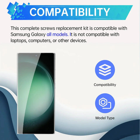 Samsung Galaxy compatibility graphic for No Sweat White Screw Replacement Kit For Samsung Galaxy Phones Complete Assorted Hardware Parts.