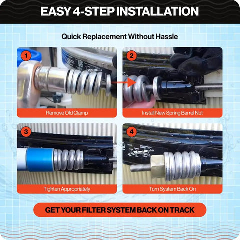 Easy installation steps showing Heavy Duty Spring Barrel Clamp Assembly Replaces Pentair 53108900 for pool filter service.