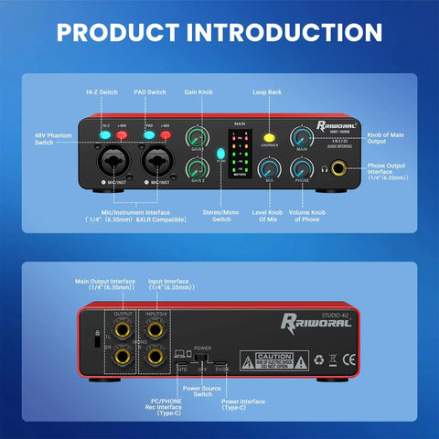 Front and back panel features of 4 In 2 Out USB Audio Interface With 48V Phantom Power 24Bit 192kHz Recording Quality Plug And Play