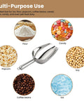 12 Oz 304 Stainless Steel Ice Scoop With Magnetic Hook Heavy Duty Bar Kitchen Scoop surrounded by ingredients like flour and candy