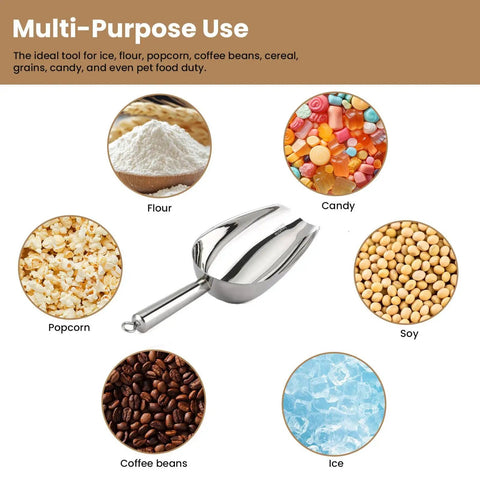 12 Oz 304 Stainless Steel Ice Scoop With Magnetic Hook Heavy Duty Bar Kitchen Scoop surrounded by ingredients like flour and candy