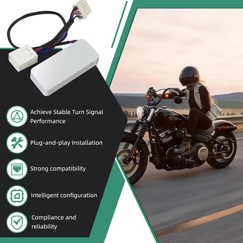 Harley Compatible LED Turn Signal Load Equalizer and Stabilizer Controller with motorcycle illustration.