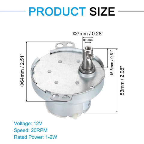 Slow Speed 12V DC Brushed Gear Motor JS50T With D Shaft 20 RPM CW CCW High Torque with dimensions and specifications shown