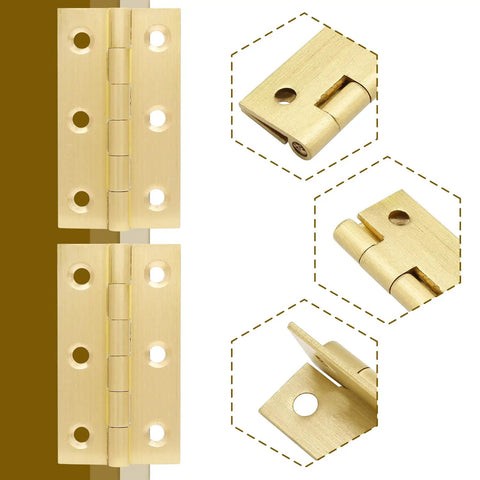 Eight 2.5 Inch Brass Butt Hinges Set for Cabinet Doors, Boxes, Jewelry Boxes, and Small Furniture in Gold Finish, includes screws.