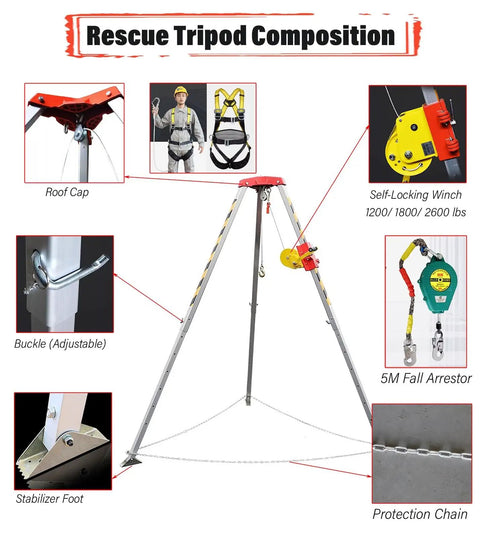 Hella Sturdy Three Point Confined Space Rescue Tripod Kit Built Tough As Nails For Wells Tunnels And Manholes Packs Heavy Duty Aluminum Stand 1200 Lb Capacity And 98 Ft Winch Cable
