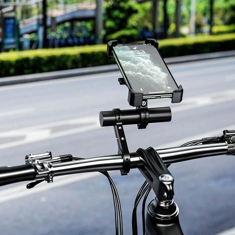 Heavy Duty Aluminum Bike Handlebar Extender Mount for GPS Speedometer and LED Light on a road bike with mounted phone