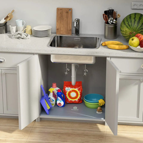 Silicone 28x22 Inch Under Sink Tray, Waterproof Flexible Cabinet Liner For Kitchen Bathroom And Laundry seen in open cabinet.