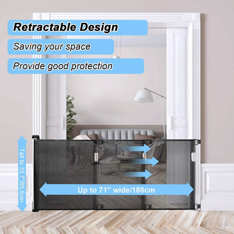Retractable Baby Gate Extra Wide Mesh Safety Gate For Babies And Pets 34 Inches Tall Extends Up To 71 Inches Wide Stairs Doorways Hallways Indoor And Outdoor Use One Hand Operation With Easy Retraction No Fuss Setup shown installed in doorway