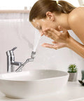 Woman using 1440 Degree Rotating Faucet Extender With 3 Water Modes Robotic Arm Chrome Faucet Aerator in bathroom sink