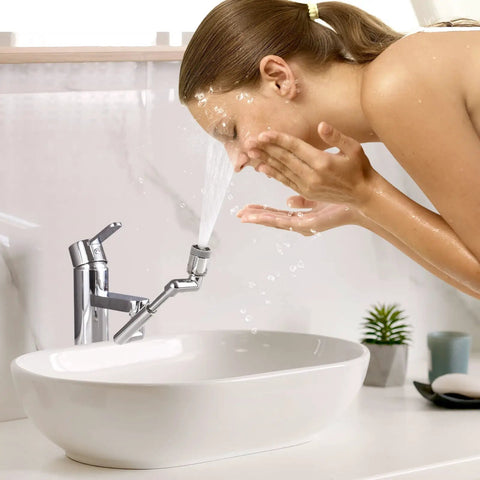 Woman using 1440 Degree Rotating Faucet Extender With 3 Water Modes Robotic Arm Chrome Faucet Aerator in bathroom sink