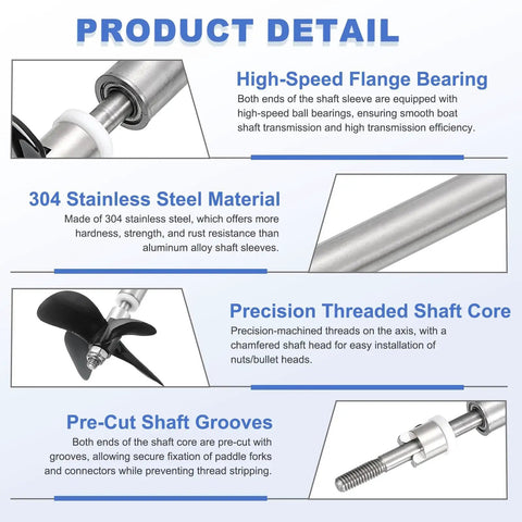 RC Boat Drive Shaft Kit With Four Propellers And Coupling Joint, 100mm shaft, 304 stainless steel, threaded core and bearings
