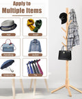 Wooden Coat Rack Stand With Eight Hooks Made From New Zealand Pine displaying hat, scarf, bag, and shirt in a room