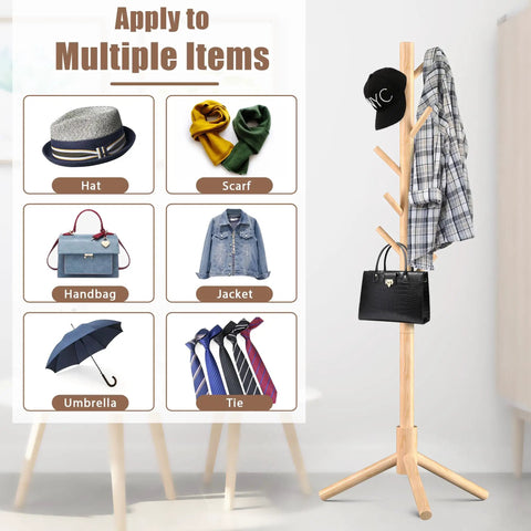 Wooden Coat Rack Stand With Eight Hooks Made From New Zealand Pine displaying hat, scarf, bag, and shirt in a room