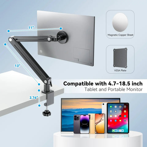 Magnetic Portable Monitor Arm With 360 Degree Swivel Heavy Duty Aluminum Desk Clamp holding monitor, compatible with tablets.