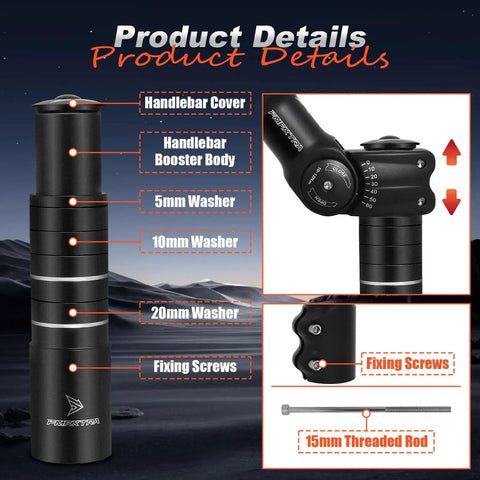 Adjustable 31.8mm Bike Stem Riser With 120 Degree Tilt And 150mm Height Extension showing washers and fixing screws