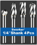 Front view of Sworker 4-piece carbide burr set with 1/4-inch shank and wide-flute cutters