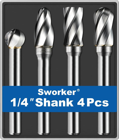 Front view of Sworker 4-piece carbide burr set with 1/4-inch shank and wide-flute cutters