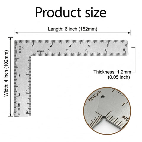 Solid As A Rock Stainless Steel L Shaped Square Ruler Featuring Dead On 4 By 6 Inch Dual Side Etchings dimensions display with scales.