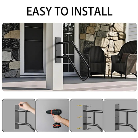 Top Tier U Shaped Handrail For Outdoor Steps And Indoor Stairs Wall Mounted Galvanized Steel Porch Deck Grab Bar shown with easy installation steps.