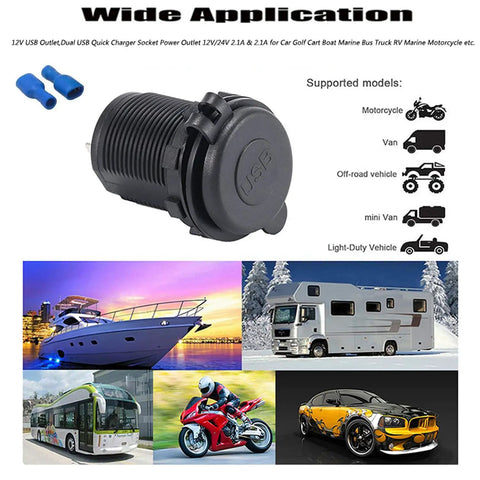 Heavy Duty 12V Usb Adapter With Dual 2.1A Fast Charge Ports And Glowing Blue Led Light Waterproof plug for vehicles and boats.