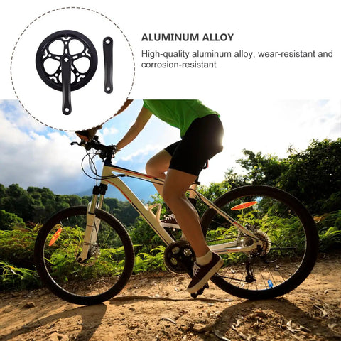 Cyclist on trail featuring Beefed Up Heavy Duty 170mm 52T Square Taper Crankset, highlighted in aluminum alloy inset
