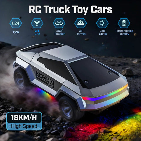 1/24 Scale Remote Control Monster Truck For Kids With Colorful Lights, 2.4GHz RC Car on rocky terrain at night