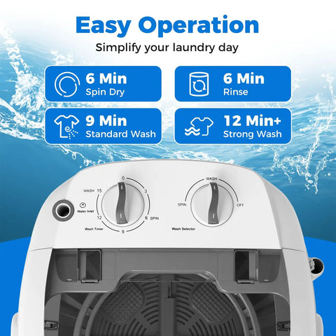 Compact Portable Washing Machine With Separate Spin Tub And Quick Drain Hose, 5.5 Lb Mini Laundry Washer For Apartments Dorms And RV Homes, control panel with timer settings and wash modes.