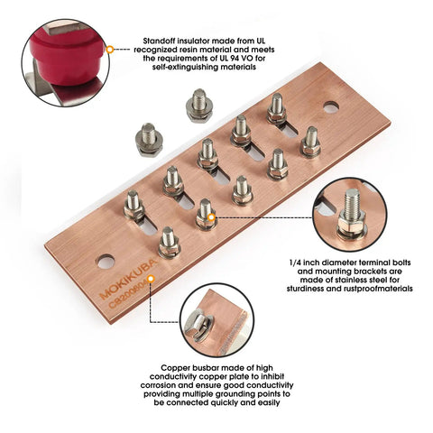 Heavy Duty Copper Ground Bus Bar Kit 7.88 Inch By 2.36 Inch By 0.157 Inch with stainless steel bolts and standoff insulators