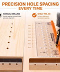 Hefty Duty Shelf Pin Jig Kit 18 9 Inch Acrylic Drill Guide in use for precise hole spacing on wood surface.