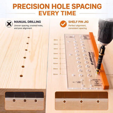 Hefty Duty Shelf Pin Jig Kit 18 9 Inch Acrylic Drill Guide in use for precise hole spacing on wood surface.