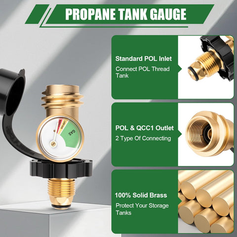 100 Lb Propane Tank Adapter With Gauge Converts POL To QCC1 Type 1, brass build for RVs, grills, and home LP systems