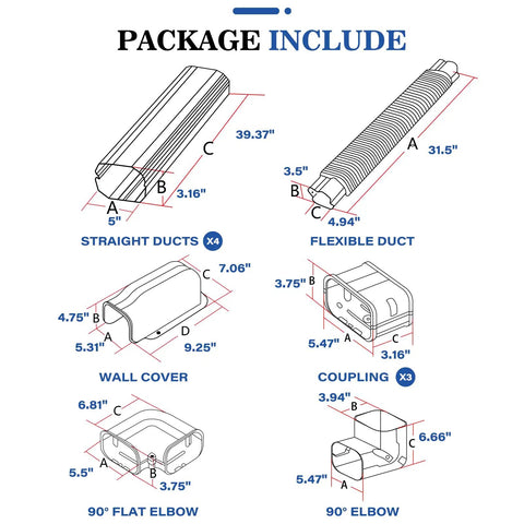 Diagram showing components of 17 Foot Mini Split Line Set Cover Kit In White Durable PVC Keeps Outdoor Pipes Hidden And Looking Clean.
