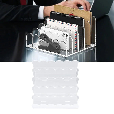 Clear Acrylic Mail Sorter With Five Compartments, Desktop File Organizer for letters and documents on an office desk