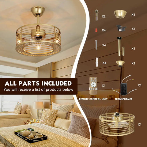 Gold Finish Caged Ceiling Fan With Light Remote Control Fandelier With Reversible Copper Motor 6 Speed Settings 18 Inch for Bedroom
