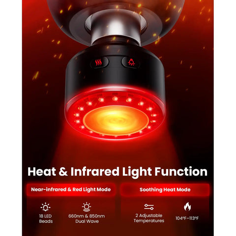 X6 Ultra Massage Gun With Heat And Infrared Light Titanium Head close-up showing LED beads and temperature controls