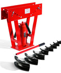 Heavy Duty Manual 16 Ton Hydraulic Pipe Bender For Copper Exhaust Tubes with eight molded dies and a red hydraulic jack.