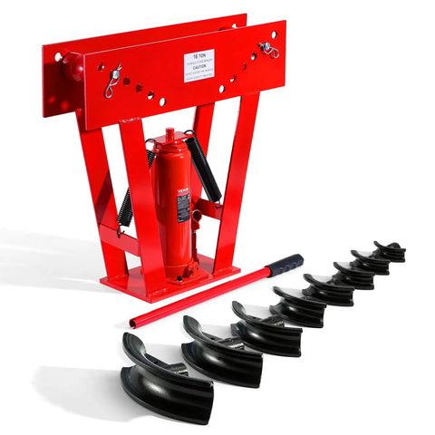 Heavy Duty Manual 16 Ton Hydraulic Pipe Bender For Copper Exhaust Tubes with eight molded dies and a red hydraulic jack.