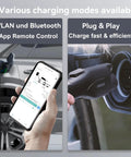 Level 2 Home EV Charger 48 Amp 240V With J1772 Connector and NEMA 14 50 Plug In Option or Hardwired 25 Ft Cable IP65 Waterproof showing mobile remote control and plug-in charging.