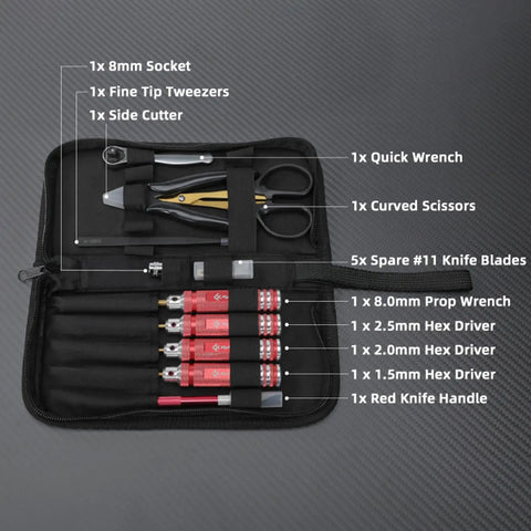 9 Piece RC FPV Pro Grade Tools Kit Hex Screwdriver Set With Allen Keys in open black case showing tools with labels