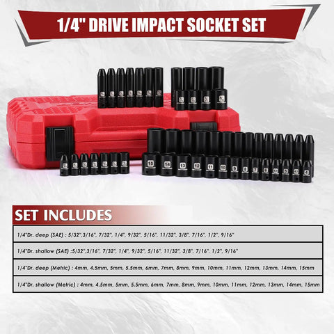 Impact Socket Set 1/4 Inch Drive, 50-Piece CR-V Steel, shown with deep and shallow sockets in a red case, SAE and Metric sizes.