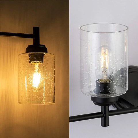 4 Light Matte Black Bathroom Vanity Light Fixture With Seeded Glass Shades, Farmhouse Style Up Down Mount, Antique Brass Accents, Dimmable With E26 Bulbs, Perfect For Rustic Modern Bath Remodel Vibe