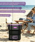 Boss Grade Portable Mini Washing Machine Foldable Layout for Apartments RVs and Dorm Rooms at the beach with clothes.