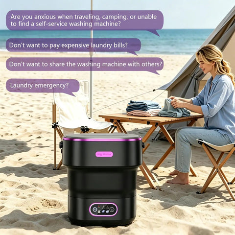 Boss Grade Portable Mini Washing Machine Foldable Layout for Apartments RVs and Dorm Rooms at the beach with clothes.