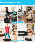 Four images of people using Vibration Plate for Lymphatic Drainage and Full Body Workout with resistance bands in a home setting.